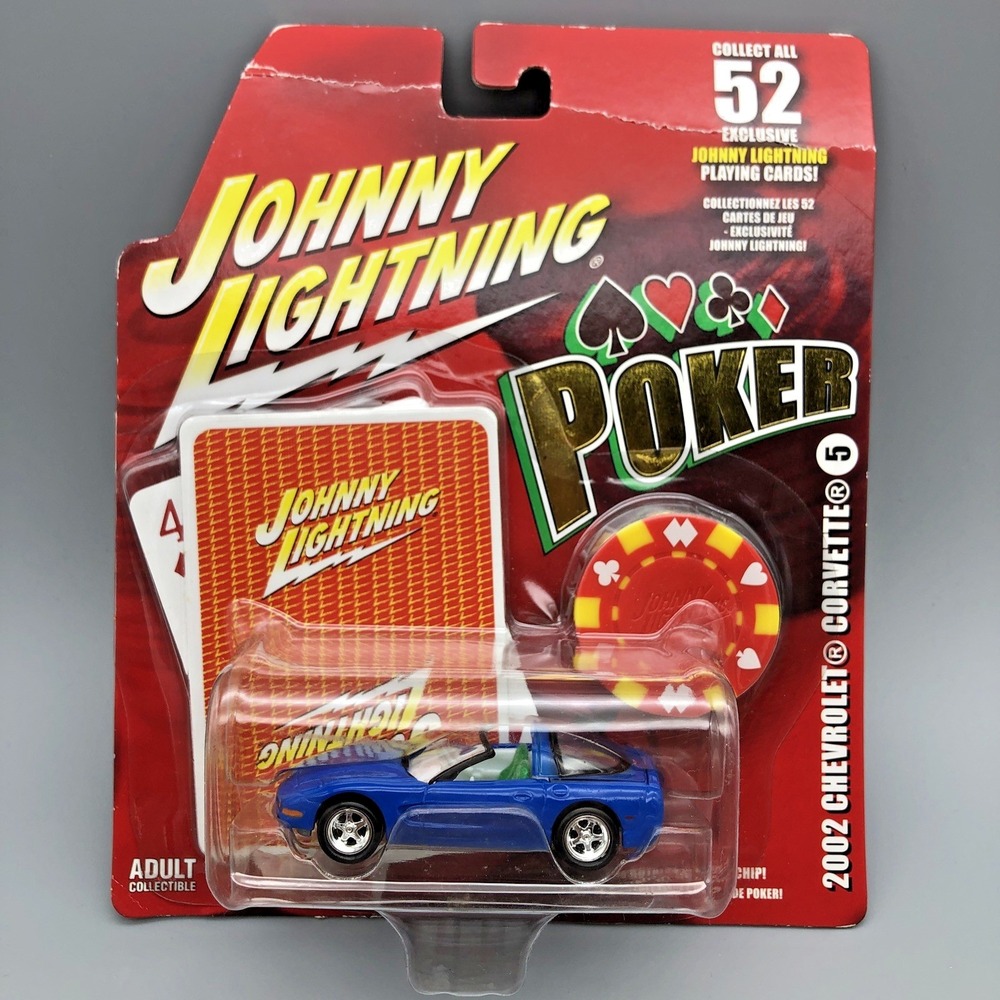 Johnny Lightning Poker 2002 Chevrolet Corvette Blue Diecast 1/64 with Poker Chip